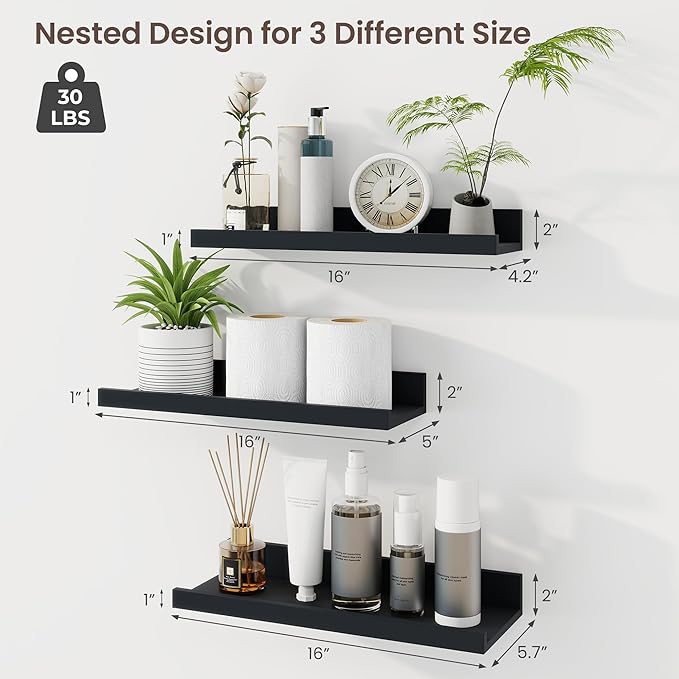 Axeman Picture Ledge Shelf | 16 Inch Black Floating Shelves Set of 3 | Rustic Wood Wall Shelves with Lip | 16" Black Picture Shelf for Wall with Ledge | Photo Shelves
