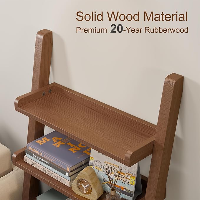 AQIMUELE Walnut Wooden Ladder Shelf with Edges, 5-Tier Modern Leaning Bookshelf Ladder – Stylish Space-Saving Bookcase for Living Room, Bedroom & Home Office