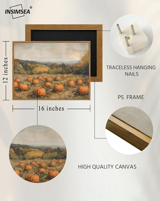 InSimSea Thanksgiving Autumn Fall Pumpkins Wall Art,ChristianFramed Canvas Print, Vintage Aesthetic Farmhouse, Living Room Bedroom Kitchen Farmhouse Landscape Art 12x16in