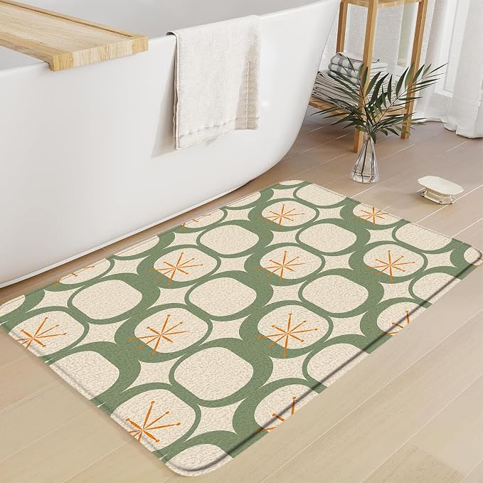 Mid Century Modern Bath Mat Abstract Atomic Geometric Retro 1950s Sage Green Bathroom Kitchen Toilet Rugs,24x48 Inch
