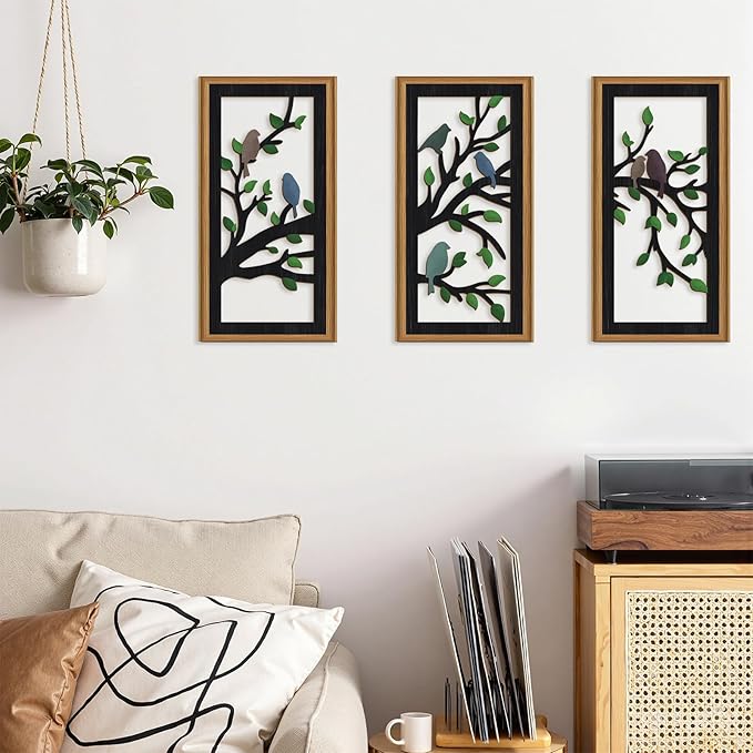 Ausril 3 Pcs Birds Tree Branch Wall Decor,Black Tree of Life Wall Art,Green Leaves with Bird Wall Art,Branch Birds Silhouette Artwork Sculpture,Black Tree Sign Wood Framed for Home Living Room Bedroom