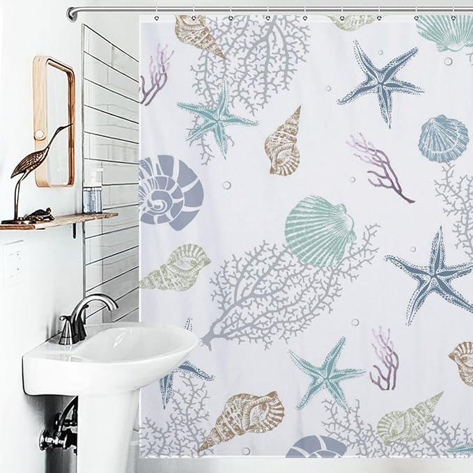Nautical Coastal Shower Curtain,Summer Coral Starfish Seashell Blue Ocean Beach Shower Curtains for Bathroom Waterproof Polyester Fabric Bathroom Curtain with Hooks,72x84Inch