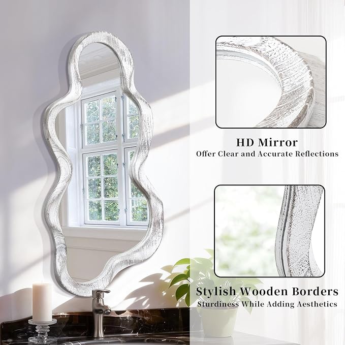 Asymmetrical Mirror Large Irregular Wall Mirror Modern Wood Frame Unique Artistic Mirrors Cute and Stylish Cloud Wavy Mirror Decorative for Cloakroom Bedroom Living Room Bathroom Entryway White