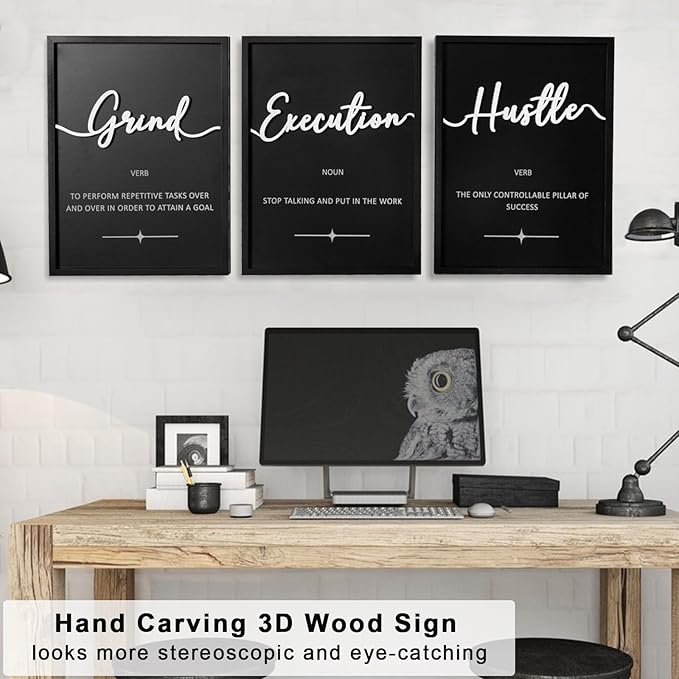 3D Wood Office Wall Art, Framed Grind Hustle Success Inspirational Wall Art, Motivational Wall Decor for Office Bedroom(Ready to Hang, 12x16 inches, Set of 3, Framed)