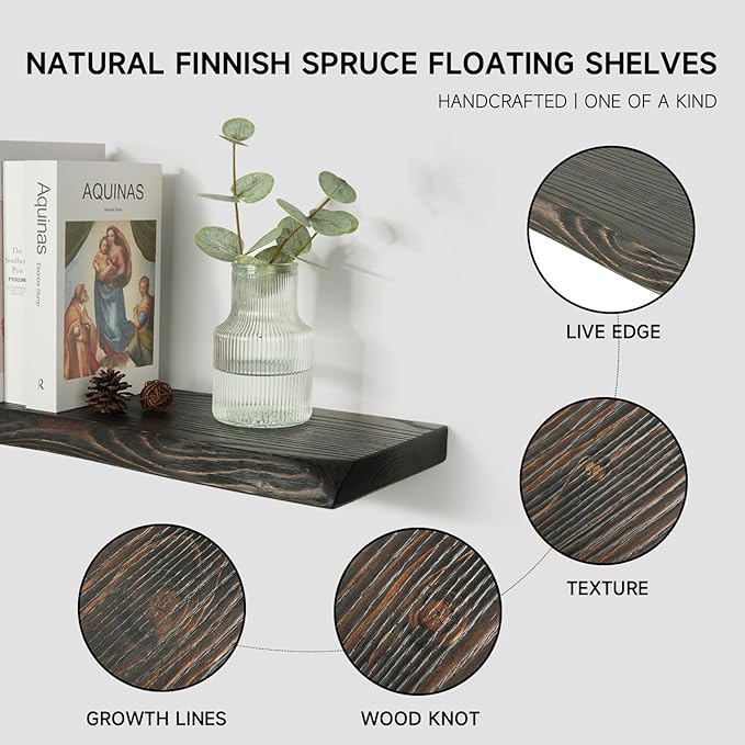 48 Inch Wooden Floating Shelves for Wall, Finnish Spruce Solid Wood Shelf, Natural Wood Floating Shelves for Living Room, Bathroom, Bedroom, Kitchen, Country Brown Finish