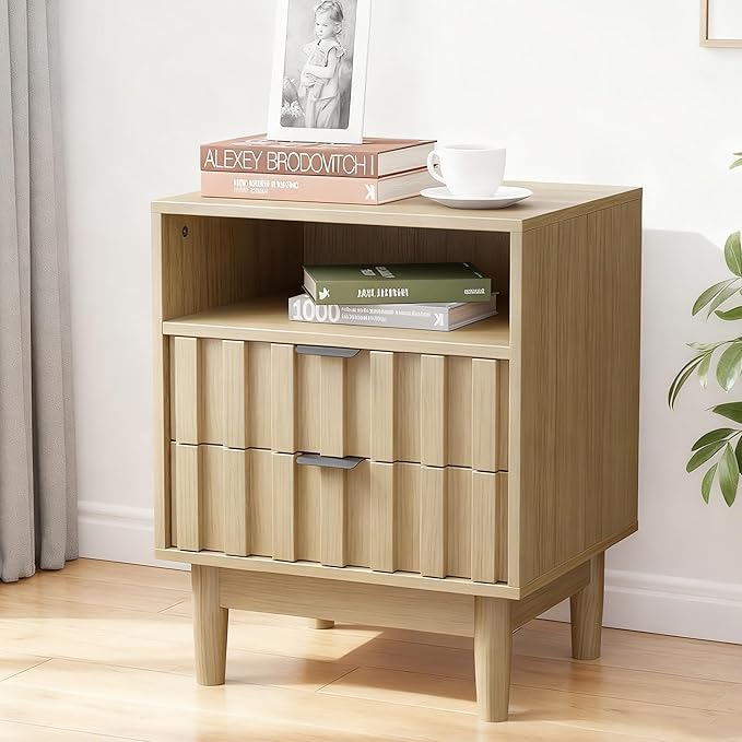 Fluted Nightstand with 2 Drawers, 19" Wide Night Stand with Solid Wood Legs, Open Storage Shelf, Mid Century Modern Wooden Bedside Table for Bedroom, Bed End Side Table, Oak