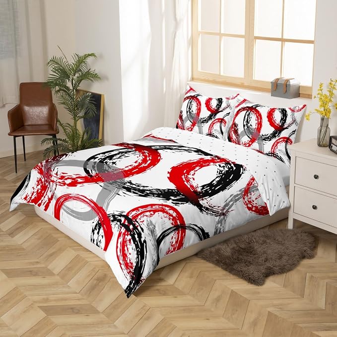 Geometric Circle Duvet Cover Set Twin Size,Graffiti Retro Striped Swirls Bedding Set,Boys Girls Room Decor,Abstract Aesthetic Stripes Comforter Cover,Red White Quilt Cover,1 Pillowcase(No Filler)