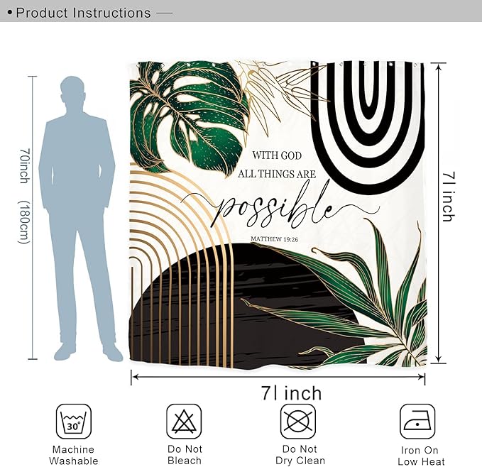 Miyotaa Emerald Green Abstract Shower Curtain Set 71Wx71H Inches Bible Minimalist Aesthetic Modern Contemporary Inspirational Motivational Polyester Waterproof Bathroom Curtain with 12 Hooks