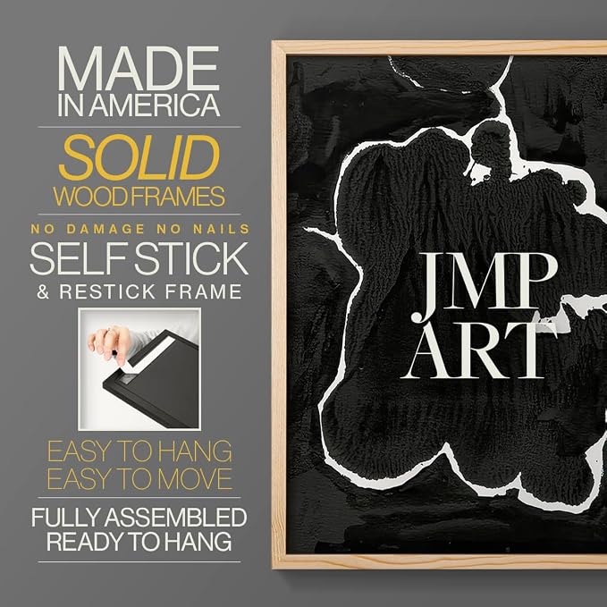 Renditions Gallery Set of 2 Peel & Stick Framed Prints, Fluid Abstract Wall Art, Black and White Inkblot Wall Decor, Re-Stickable - Ready to Hang - 16"x20" - NATURAL WOOD Frame LT588