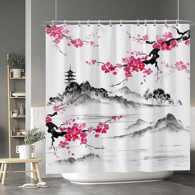 Baocicco Plum Blossom Shower Curtain Pink Cherry Blossom Floral Misty Mountains Shower Curtains Decorative for Bathroom Waterproof Fabric Shower Curtain with Hooks 72x72 Inches