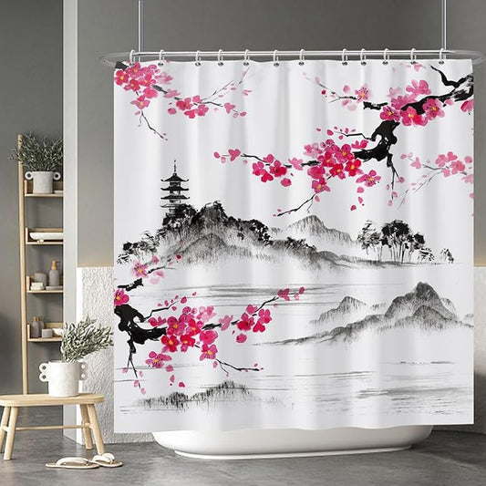 Baocicco Plum Blossom Shower Curtain Pink Cherry Blossom Floral Misty Mountains Shower Curtains Decorative for Bathroom Waterproof Fabric Shower Curtain with Hooks 72x72 Inches