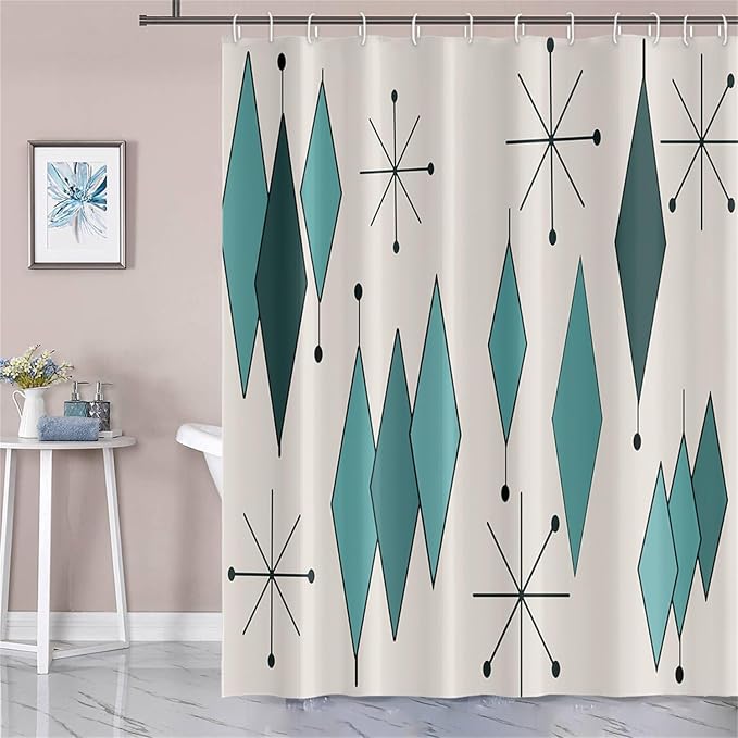 Mid Century Turquoise Shower Curtain Abstract Teal Diamond Geometric Atomic Starburst Pattern Beige Backdrop for 1950s Retro Bathroom Decor Shower Curtain Set with 12 Hooks, 72x78 Inches