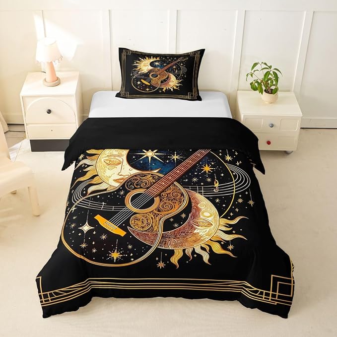 Erosebridal Boho Guitar Bedding Set Twin for Adults - Luxury Bohemia Sun Moon Duvet Cover Mystical Celestial Star Sky Comforter Cover,Romantic Music Guitar Bed Set