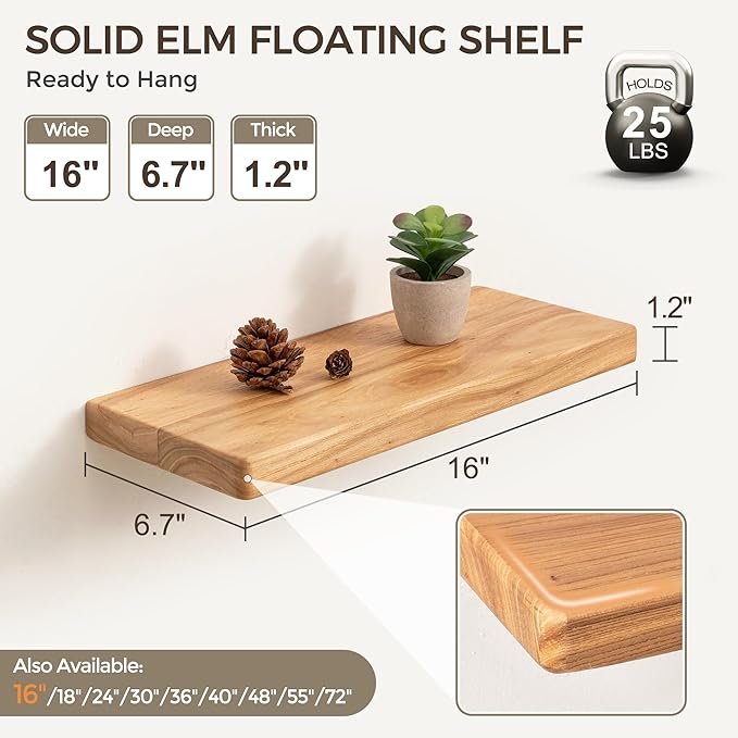 Fun Memories Floating Shelves for Wall, Rustic Wood Floating Shelf for Home Decor, Solid Elm Wood Wall Shelf Heavy-Duty Bracket, Wooden Bathroom Shelves 16 Inches Long Set of 2