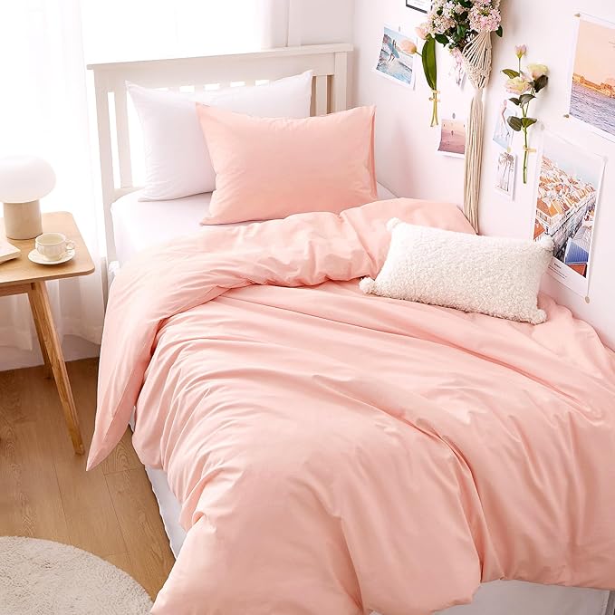 Wake In Cloud - Cotton Duvet Cover Set, 100% Washed Cotton, Linen Like Textured, Breathable Durable Comfy Farmhouse Neutral Bedding Set, 3 Pieces, Pink, Twin/Twin XL Size