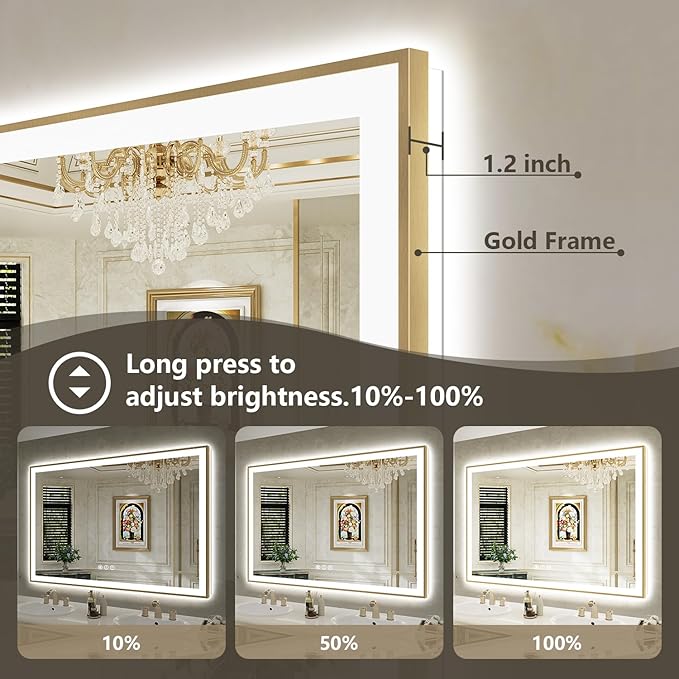 88x38 Inch LED Bathroom Mirror with Lights (Front Lit and Backlit) Gold Framed Lighted Vanity Mirror for Bathroom Wall Dimmable Anti-Fog Memory Tempered Glass Horizontal/Vertical