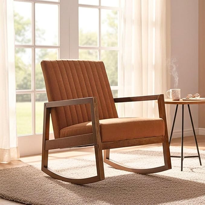 VESCASA Upholstered Faux Leather Rocking Chairs with Channel-Tufted Back, Mid-Century Modern Comfy Rockers with Black Walnut Wood Frame for Nursery Living Bedroom Indoor, Set of 2, Burnt Orange