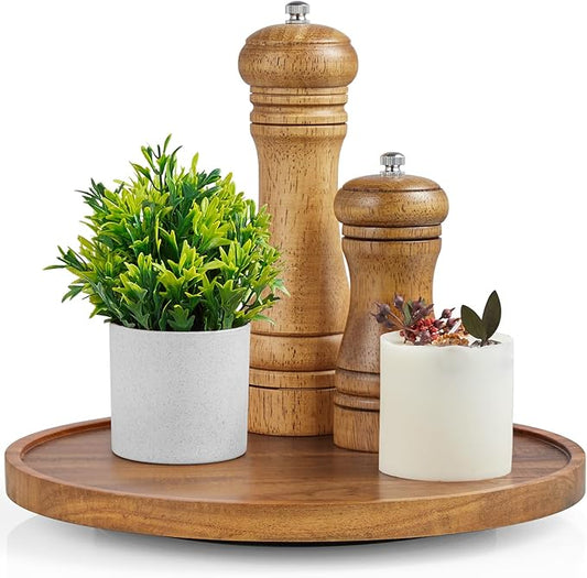 9" Acacia Wood Lazy Susan Turntable Organizer, Lazy Susan for Table Top Cabinet Dining Pantry Countertop Cupboard Organization, Decorative Tray for Kitchen Bathroom Decor Coffee Bar Accessories