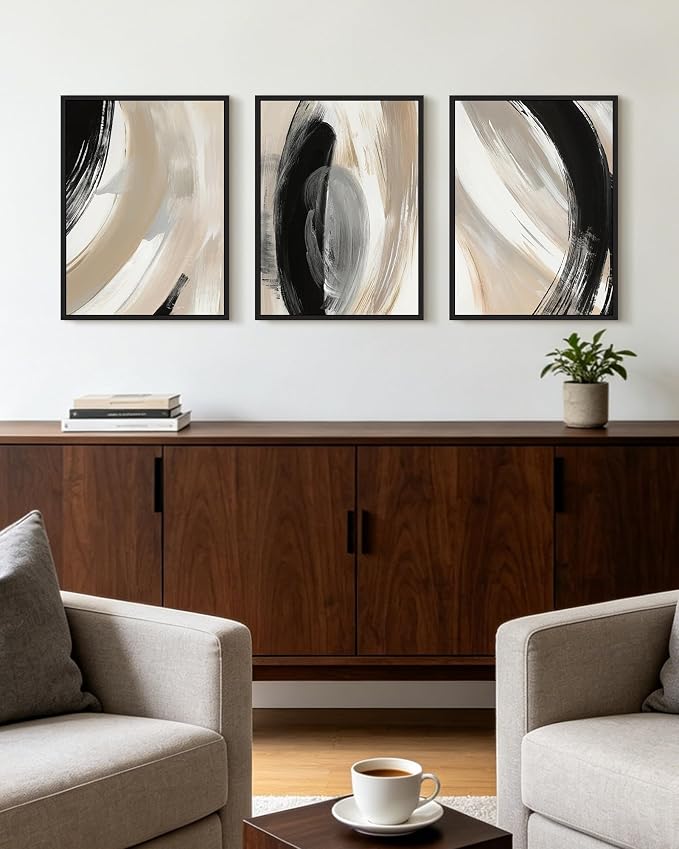 KUVIOKE Black Abstract Framed Wall Art Neutral Minimalist Graffiti Pastel Wall Decor Modern Illustration Art Painting for Bedroom Dining Room 12x16in (Black Framed)