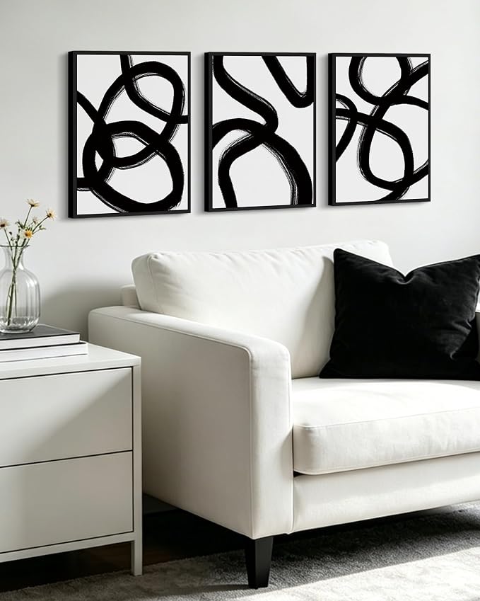 KUVIOKE Black and Grey Abstract Framed Wall Art Ink Wash Minimalist Lines Painting Artwork for Bedroom Hallway 12x16in (Black Framed)