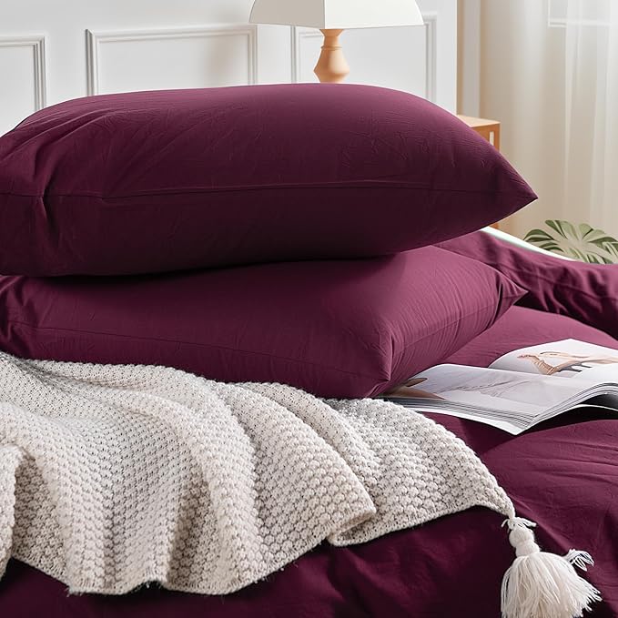 NEXHOME PRO 100% Washed Cotton Duvet Cover King Size, Ogranic Natural Linen Feel Breathable Bedding Set with Zipper Closure, 3 Pieces Duvet Cover Set Wine (No Comfortert) 10490