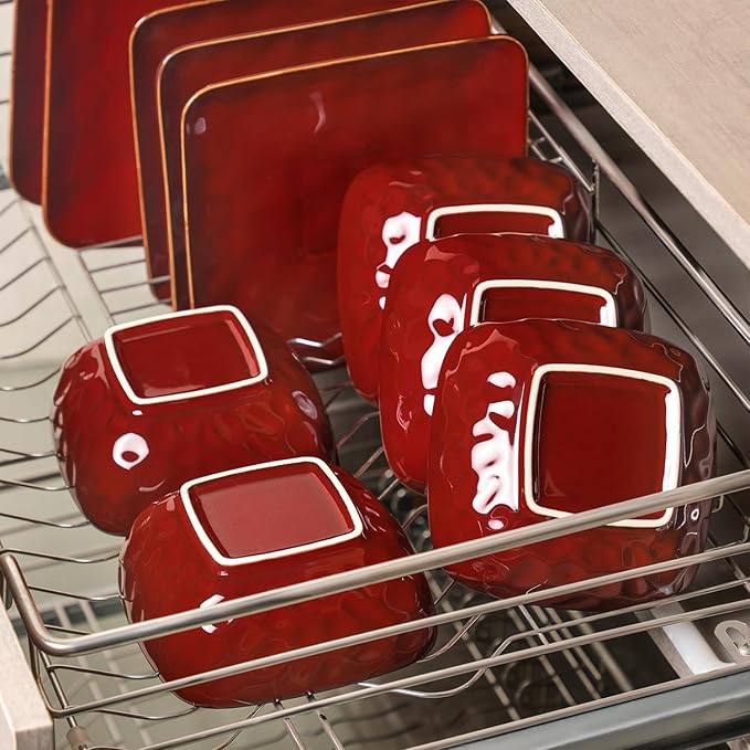 vicrays Ceramic Square 12 Pieces Dinnerware Set - Dinner Plates Salad Plates Cereal Bowls Set Service for 4 - Scratch Resistant Microwave Oven Dishwasher Safe - Cherry Red
