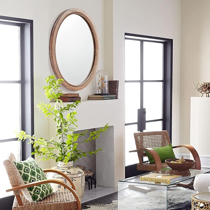 sawsile Round Wood Mirror,28 inch Circle Rustic Farmhouse Natural Wooden Frame Boho Beads Wall Mirror for Bathroom,Living Room,Bedroom or Entryway