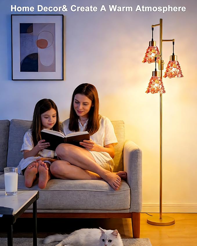 3-Light Modern Glass Floor Lamp, Gold Standing Tall Lamp with Deep Red Pinecone Glass Shade, Dimmable LED Floor Lamp with 5Lbs Heavy Base for Living Room Bedroom Home Decor, Bulb Included