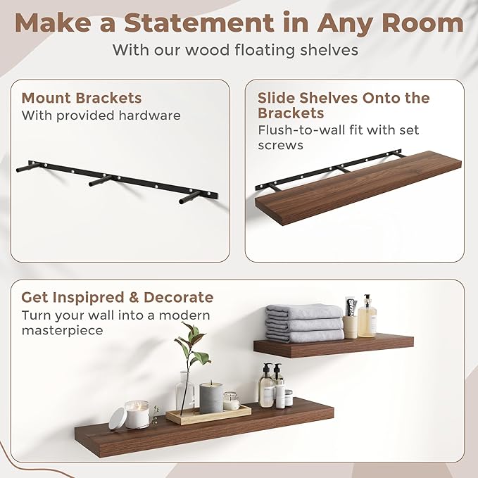 Floating Shelves for Wall with Invisible Brackets, Wall Mounted Engineered Wood Shelves with Wood Grain for Living Room, Bedroom, Bathroom, Kitchen Decor and Storage, Oak, 48"L Set of 2, Walnut