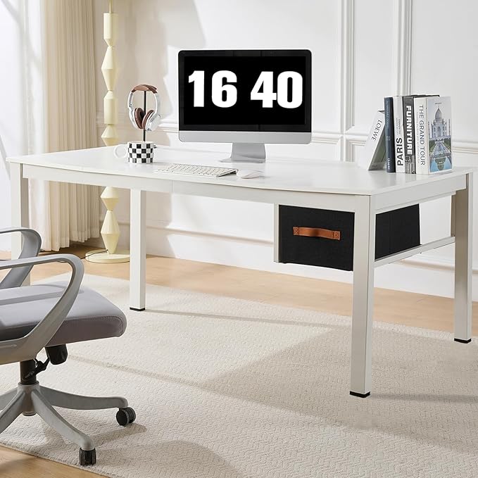 White Computer Desk with Drawer, 63 Inch Large Home Office Work Desks, Modern Writing Study PC Desk Gaming Table for Bedroom Home, Stable Thick Metal Legs Frame Support