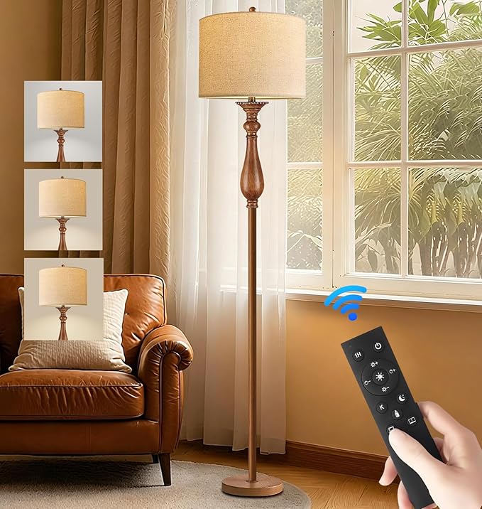 ILLMTW Wood Floor Lamp for Living Room,Bedroom,Vintage Mid Century Modern Standing Lamp with Remote Dimmable,Boho Gold Tall Lamp Fabric Lamp Shade Floor Lights Bohemian Tiffany Style
