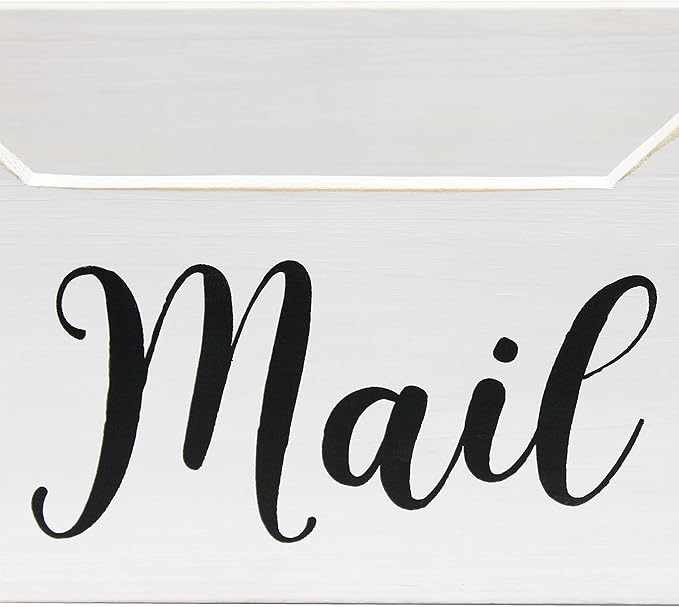 Elegant Designs HG2010-WMB Rustic Farmhouse Wooden Tabletop Black Script Word Mail Organizer Box, Letter Holder Office Accessories Decor, White Wash