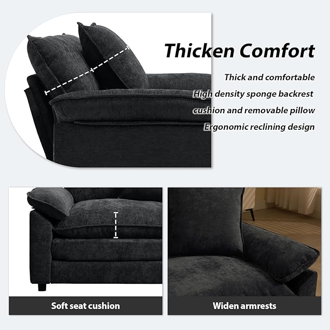 Modern Oversized Chair, Comfy Chenille Accent Chair Large Upholstered Armchair with Extra Thick and Deep Seat Lounge Chair for Living Room,Bedroom,Apartment (Black)