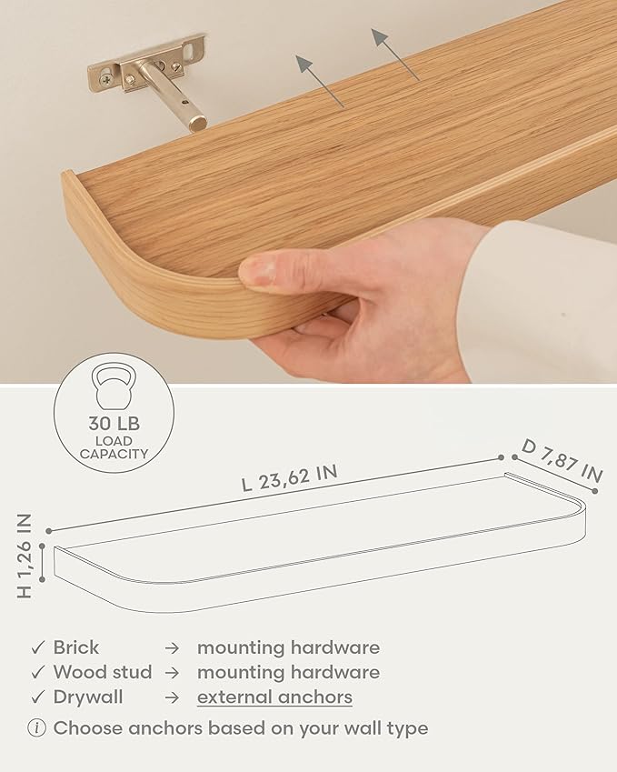 Kazai.® 23.6 inches Floating Shelves for Wall 'Toke' | Set of 2 Small Mounted Wooden Shelf Units | Modern Wall Decor & Storage for Living Room, Bathroom, Kitchen, Bedroom & More | Oak