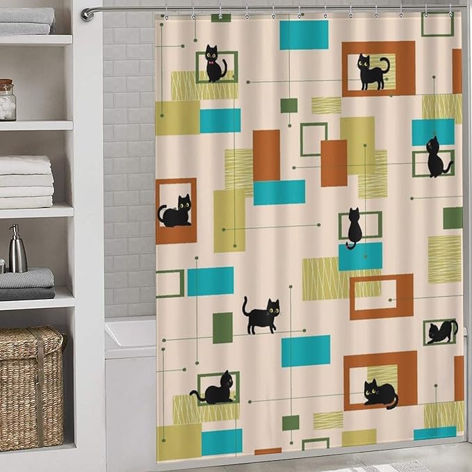 Mid Century Black Cat Shower Curtain,Vintage Abstract 60s Geometric Pattern Modern Decor Bathroom Curtain Polyester Waterproof Fabric 66x72in（168x183cm）