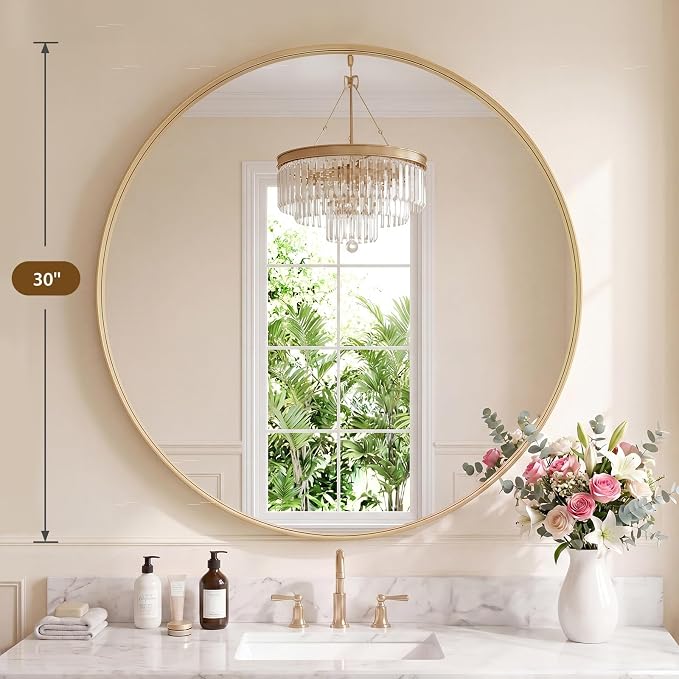 NEWBULIG 30-Inch Round Wall Mirror, Bathroom Wall Circle Mirror with Metal Frame, Bathroom Decor for Entryway, Living Room, Vanity, Gold