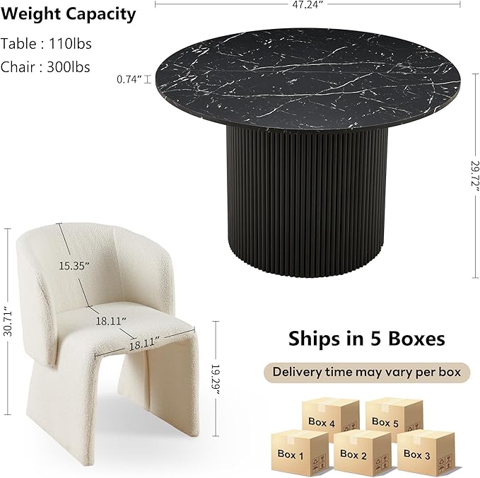 NORDICANA 5-Piece Round Dining Table Set for 4, Modern 47-Inch Kitchen Table and Chair Set, Dining Set with Off White Upholstered Armchairs, Manufactured Wood Top with Black Marble Effect Finish