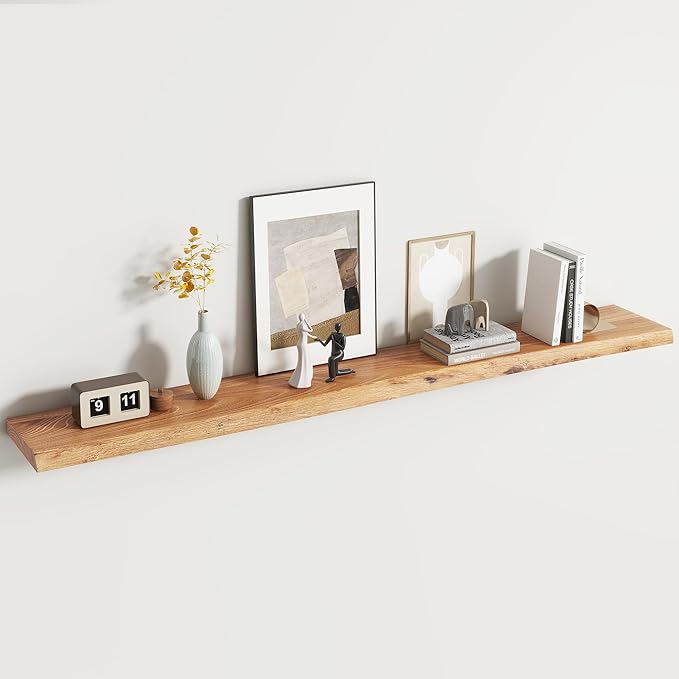 Reclaimed Elm Wood Floating Shelf for Wall, Live Edge 72" W x 9.2" D x 1.4" H, 1 Pack Large Invisible Wall Mounted Shelf for Living Room Bedroom Kitchen Bathroom Decor, Natural Finish