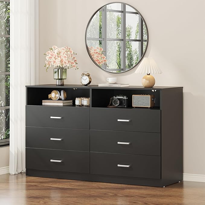Bigbiglife 6 Drawers Dresser for Bedroom with Open Storage Cubby, Double Wide Dresser Organizer for Bedroom, Living Room, Entryway, Hallway (Black)