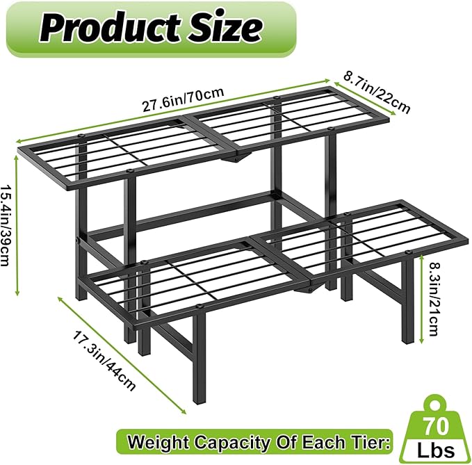 2 Tier Plant Stand Outdoor Indoor, Separated Tiered Folding Metal Plant Shelf Multiple Plant Holder Ladder Display Rack for Corner Garden Balcony Patio Porch, Easy Assembly (Black)