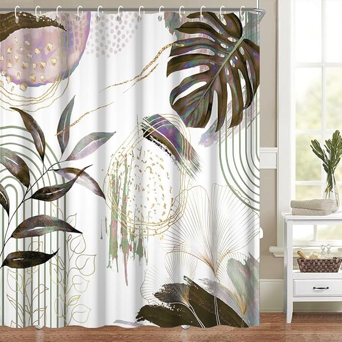 Mid Century Boho Shower Curtain Dark Brown and Purple Palm Leaf Abstract Minimalist Aesthetic Bathroom Decor Watercolor Plant Bathtub Curtain Washable Waterproof Polyester Fabric with Hooks 54x72 Inch