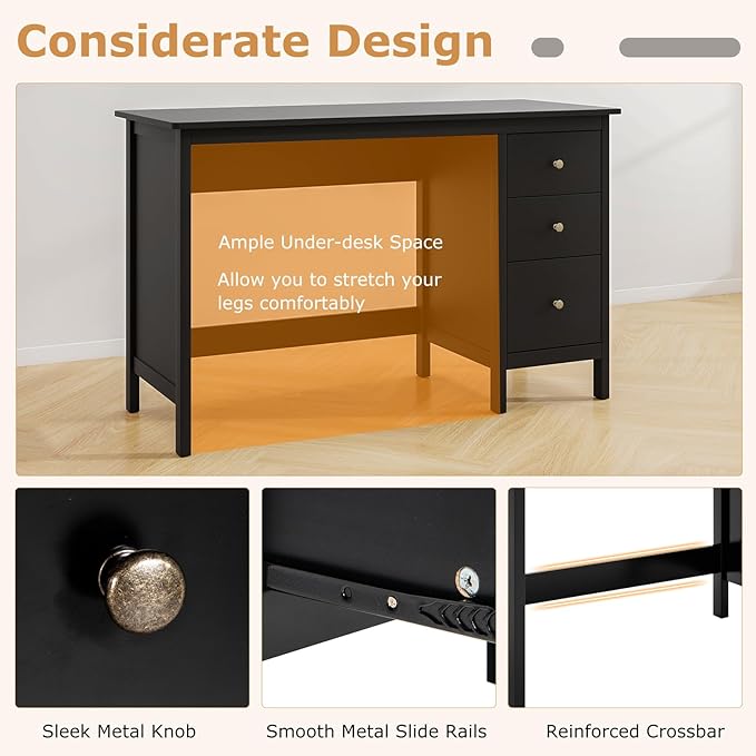 Tangkula Black Desk with Drawers, Modern Home Office Computer Desk with Storage Drawers & Spacious Desktop, Compact Writing Study Desk Laptop Desk for Bedroom, Multipurpose Computer Workstation