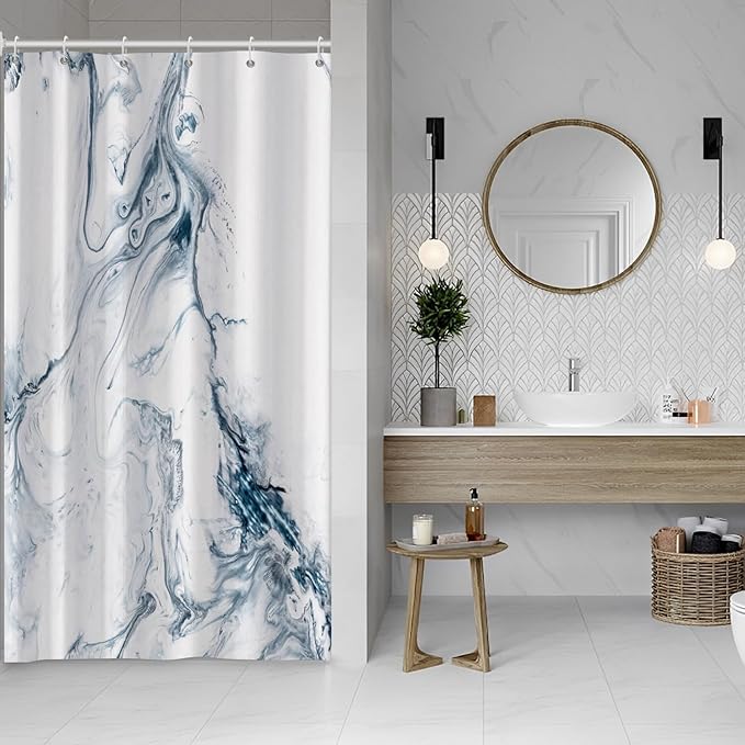 Blue and White Shower Curtain, Modern Ombre Blue Marble Shower Curtain Set with Hooks Aesthetic Waterproof Bathroom Decor, 54x72 Inch