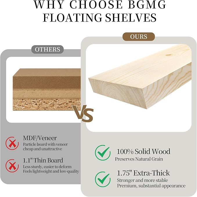 BGMG Wood Floating Shelves for Wall 54 inch Set of 2,Dark Walnut Floating Shelves,Solid Wood Wall Mount Shelves for Bathroom Living Room Bedroom Kitchen Farmhouse -54x6.7x1.75 inch