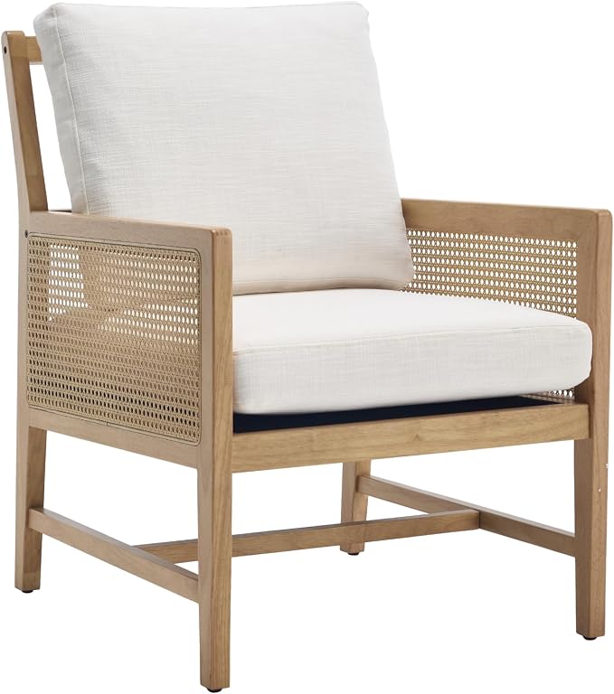chairus Mid-Century Modern Accent Chair, Upholstered Solid Wood Armchair with Cane Armrests & Slat Back, Comfy Rattan Reading Chair for Living Room Bedroom Guest Room, Cream White Linen