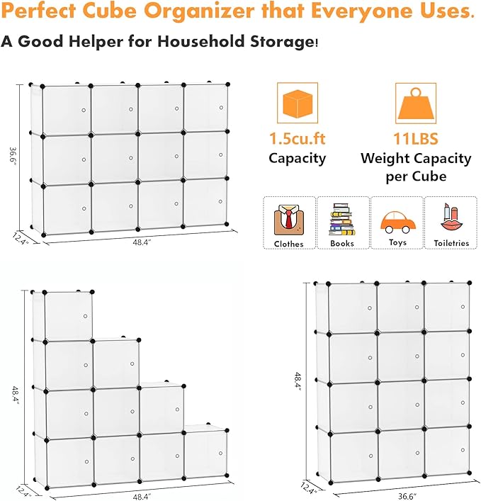 C&AHOME Cube Storage Organizer with Doors, 12-Cube Shelves, Closet Cabinet, DIY Plastic Modular Bookshelf Ideal for Home, Living Room, 36.6”L x 12.4”W x 48.4”H Transparent White USHS3012W-DOOR