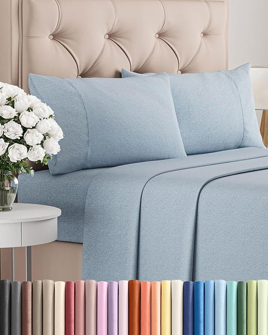 Cal King Size 4 Piece Sheet Set - Comfy Breathable & Cooling Sheets - Hotel Luxury Bed Sheets for Women & Men - Deep Pockets, Easy-Fit, Soft & Wrinkle Free Sheets - Heathered Blue Oeko-Tex Bed Sheets