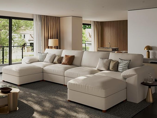 EASE MOOSE Faux Leather Sectional Couch for Living Room,Oversized Sectional Sofa with Deep Seat,Large U Shaped Couch,Modern Comfy Sofa Scratch Resistant Fabric,Beige