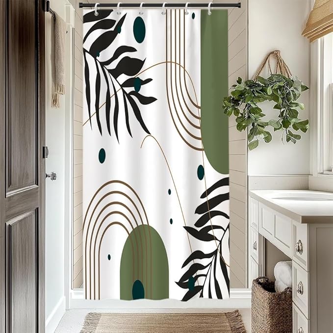 Mid Century Boho Shower Curtain for Bathroom Modern Minimalist Neutral Bathroom Decor Abstract Green Leaf Arch Sun Aesthetic Bath Curtains Washable Waterproof Polyester Fabric with Hooks 36x72 Inch