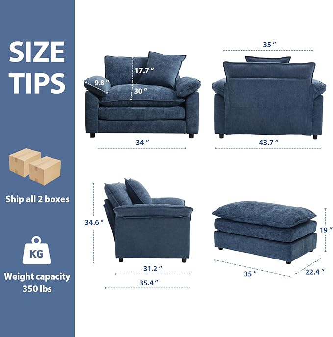Oversized Chair with Ottoman, Comfy Chenille Accent Chair Large Upholstered Armchair with Thick and Deep Seat Lounge Chair for Living Room,Bedroom,Apartment, Blue